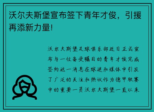 沃尔夫斯堡宣布签下青年才俊，引援再添新力量!